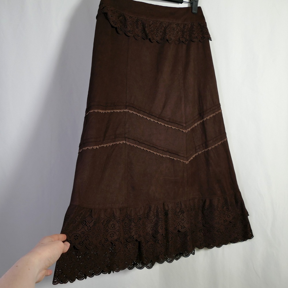 Axes Femme Boho Whimsigoth Faux Suede Maxi Skirt Size M Brown Lace Western Indie